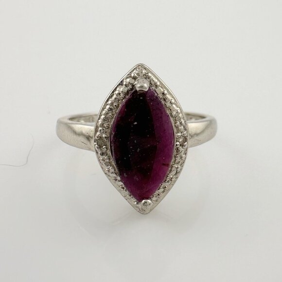 Marquise Cut Garnet & Diamond Ring - Sterling Silver - Size 7 - Picture 11 of 13